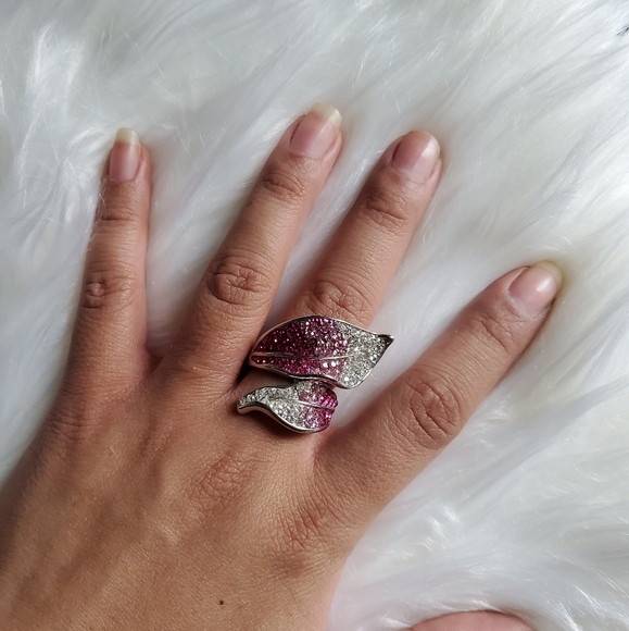 💎Gorgeous Silver Tone Pink Ombre Leaf Ring - Picture 5 of 6